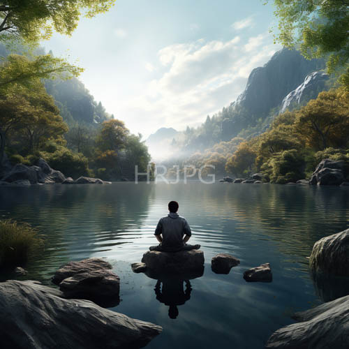 solitary figure amidst lush greenery and misty mountains surrounding calm reflective lake