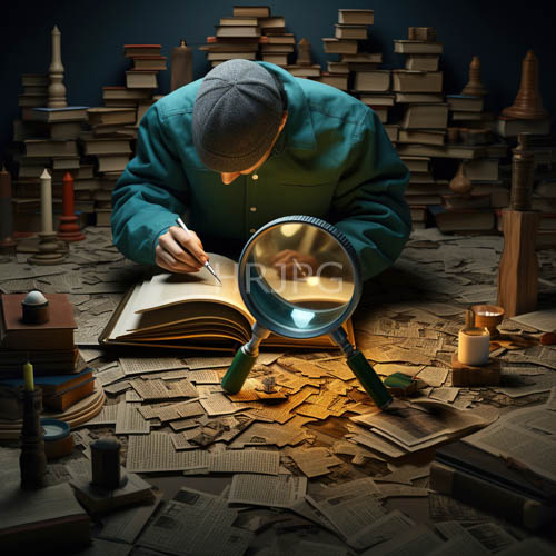 High Resolution: Older Man Studies Text Through Teal Shirt and Gray Cap in Cluttered Study Space with Deep Blue Wall download. | HRJPG.com