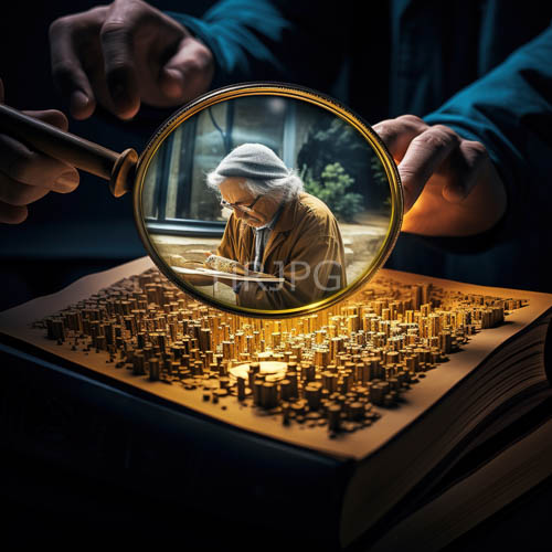 elderly man examines miniature skyscrapers in an open book with magnifying glass