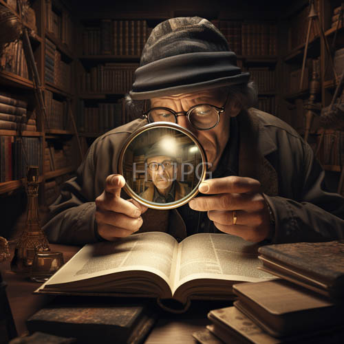 High Resolution: Elderly man in study with books and magnifying glass in warm light download. | HRJPG.com
