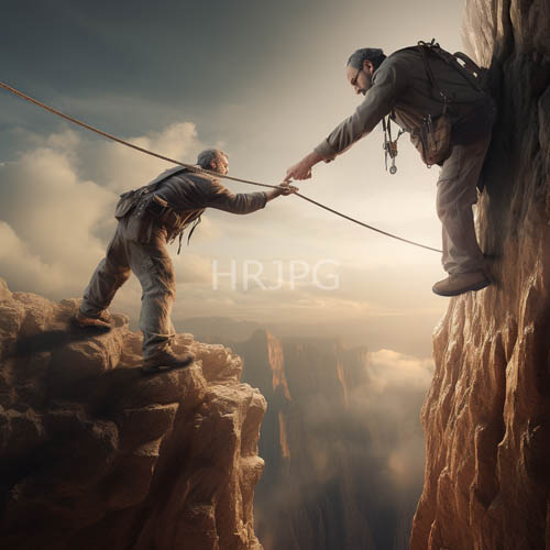 elderly male rock climbers meet atop mountainous terrain at sunset