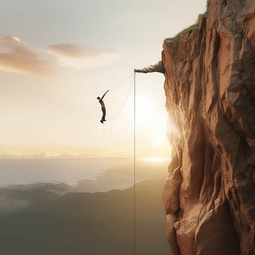 rock climber suspended midair amidst sunsetlit rugged redbrown rocks and misty mountain landscape