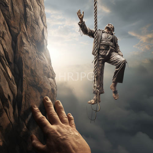 climber ascends massive rocky cliffside amidst ancient cloudy atmosphere