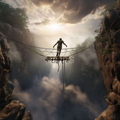 High Resolution: Rocky Cliffs Loom Over Fragile Rope Bridge Spanning Mysterious Canyon Depths Misty Ambiance download. | HRJPG.com