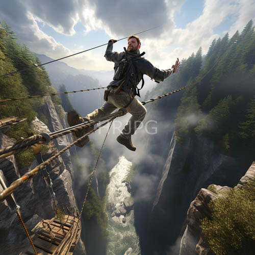 bearded adventurer leaps over misty canyon depths on suspended rope bridge under waterfall