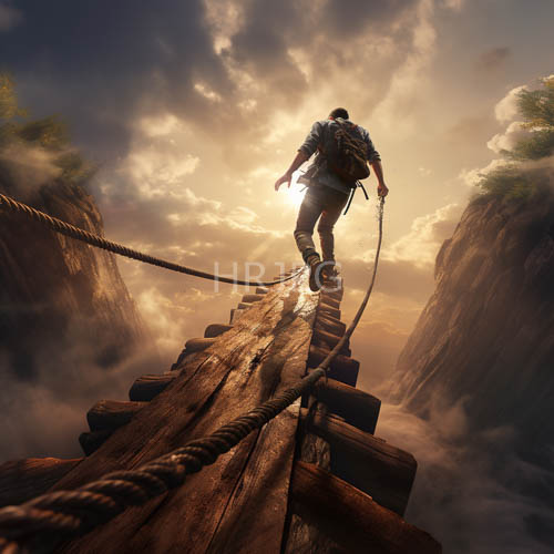 piercing sunlight cuts through towering cliff faces onto steel suspension bridge cables