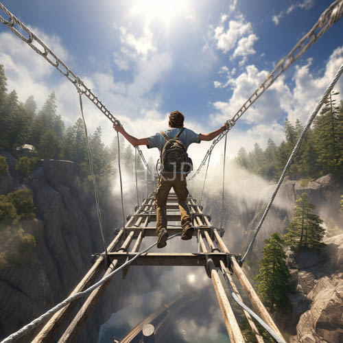 misty canyon fog swirls beneath suspension bridge planks and tan pants