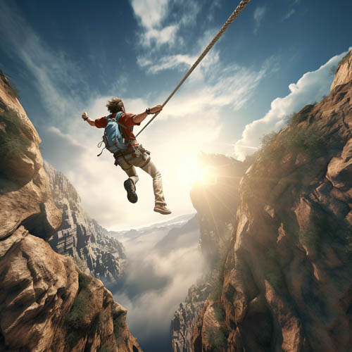 airborne climbers hang suspended over rocky cliffs and deep valley landscapes
