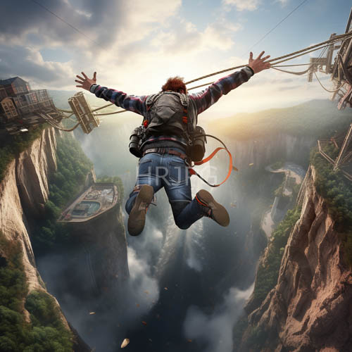 plaid shirt fabrics flutter as a red haired jumper clears a canyon edge