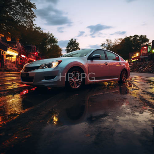 sleek silver sedan body panels reflect wet asphalt pavement at dusk