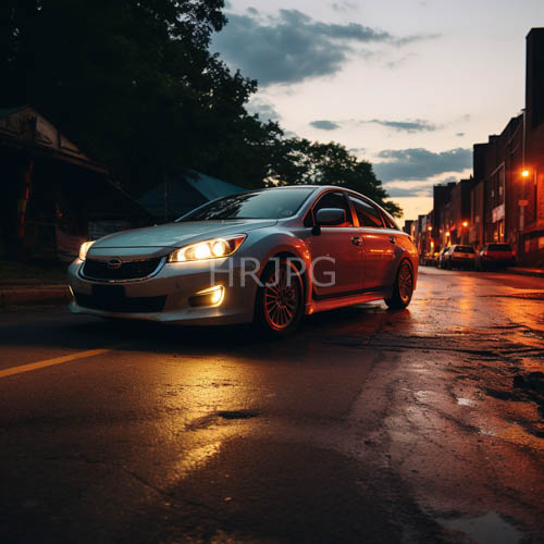 orange streetlights glow through tree lined roads onto wet silver sedan roofs