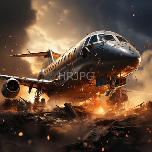 aircraft wreckage engulfed in fiery flames amidst sunset light and dark smoke on debrisfilled terrain