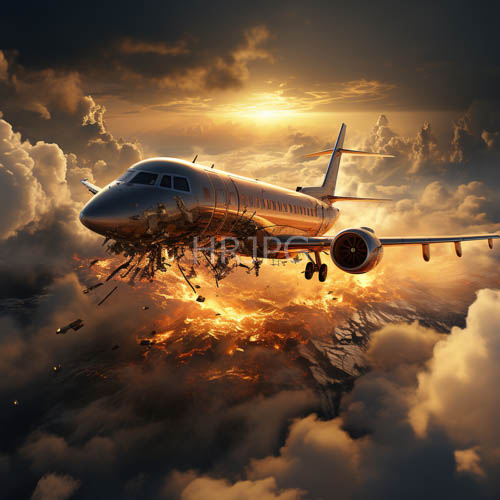 airplane disintegration amidst turbulent clouds and fragmented light