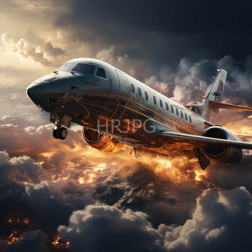 flight of desperation amidst turbulent sunset clouds with metal aircraft