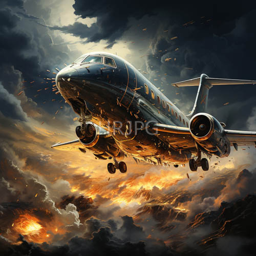 explosions engulf aircraft amidst turbulent stormy skies with blazing inferno illuminating metallic textures