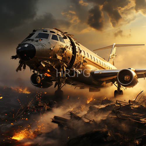 jet aircraft in turbulent sky over ruins at sunset