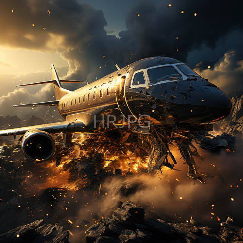 jet debris scattered on rocky terrain at sunset