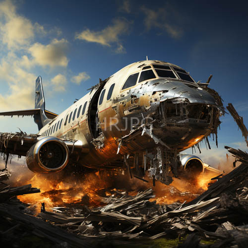 commercial aircraft wreckage amidst chaotic orange flames and twisted metal debris