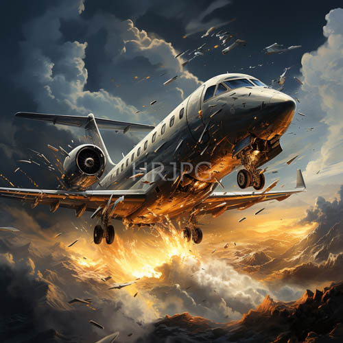 midair jet explodes amidst dramatic clouds and distant mountains at sunset