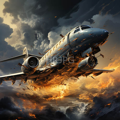 High Resolution: Aircraft engulfed by fiery debris in midflight amidst stormy skies download. | HRJPG.com
