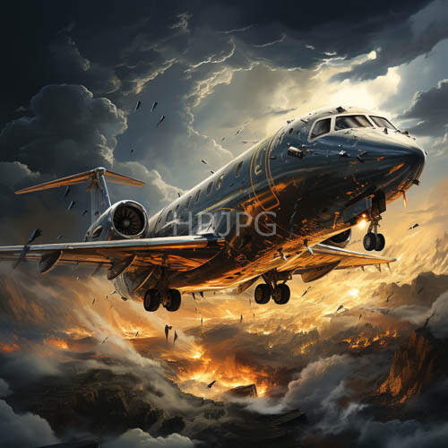 metallic blue aircraft pierces through stormy turbulent skies with vibrant orange yellow sunlight