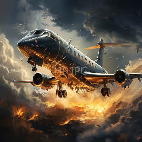 stormy sky contrasts with fiery orange and yellow sunlight illuminating aging aircraft