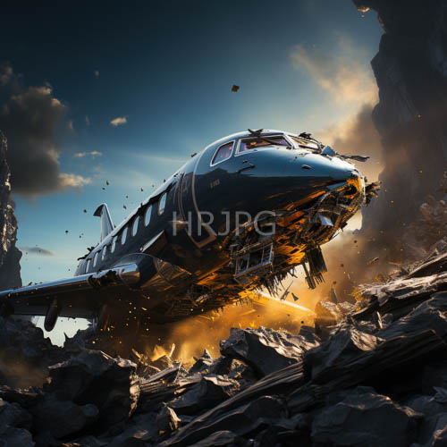 High Resolution: Dark blue jet plane crashes through rocky cliffs at sunset amidst dramatic clouds download. | HRJPG.com