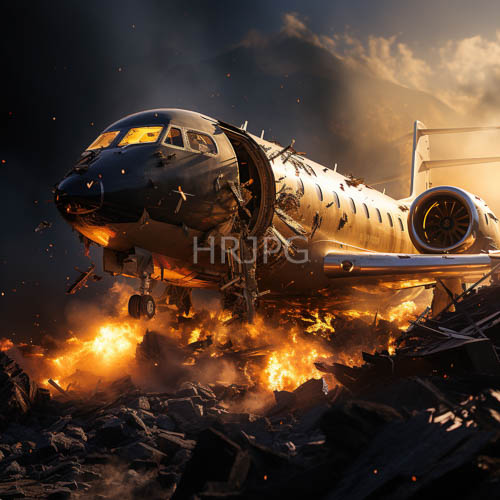 crash site ablaze amidst rocky terrain and turbulent sunset skies