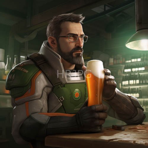bearded brewmaster amidst rows of bottles in cozy bar atmosphere with ambient lighting