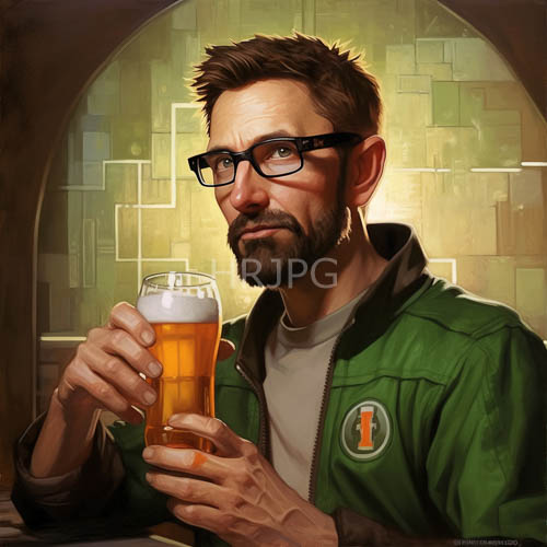bearded man in modern bar setting with geometric patterns and green jacket