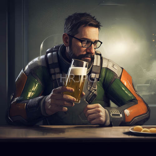 metallic armor plates reflect amber light from a beer mug in bars