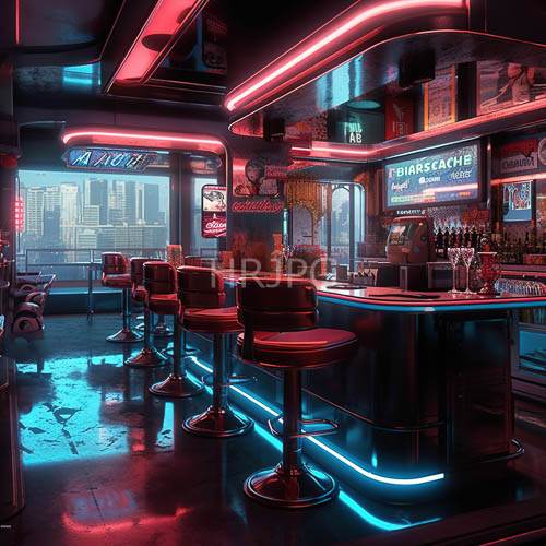retrofuturistic bar shines with neon red and blue lights on glossy black floors