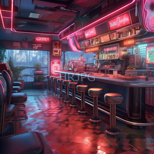 neon light reflections glow across black and white checkered floor tiles