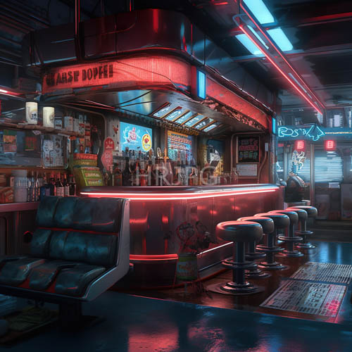 red and blue neon tubes cast vibrant reflections across industrial brick walls