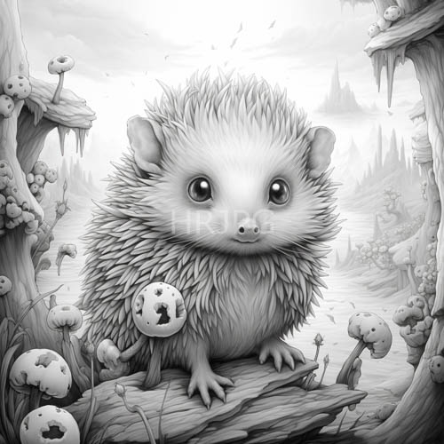 baby hedgehog amidst rough tree bark in grayscale forest landscape with misty mountains