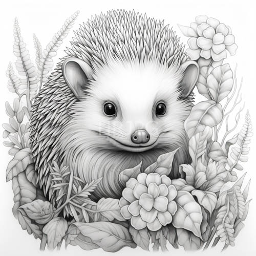 hedgehog amidst woodland foliage in precise blackandwhite pencil drawing