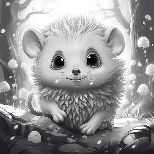 mushrooms in grayscale drawing of baby hedgehog perched on fallen log