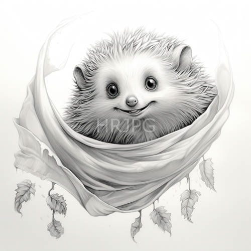 hedgehog emerging from torn fabric wrappings in a whimsical blackandwhite