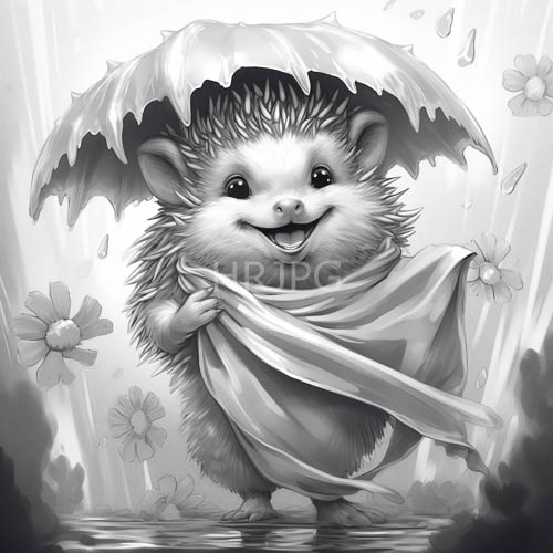 cute hedgehog under tattered umbrella amidst falling flower petals in whimsical garden