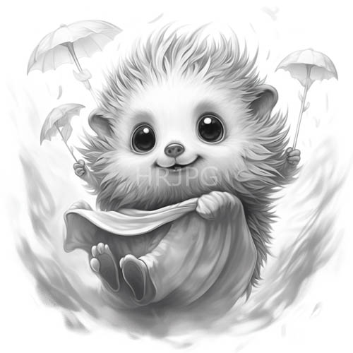 hedgehog clutches umbrellas in whimsical grayscale woodland with swirling clouds