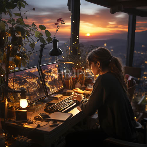 young woman immersed in studious evening energy with sunset light