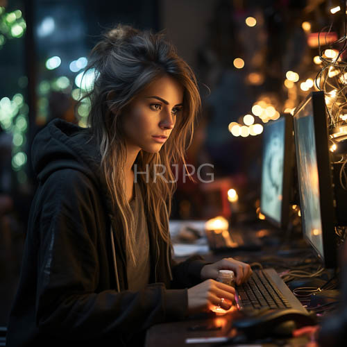 fairy lights illuminate focused young woman in quiet home workspace