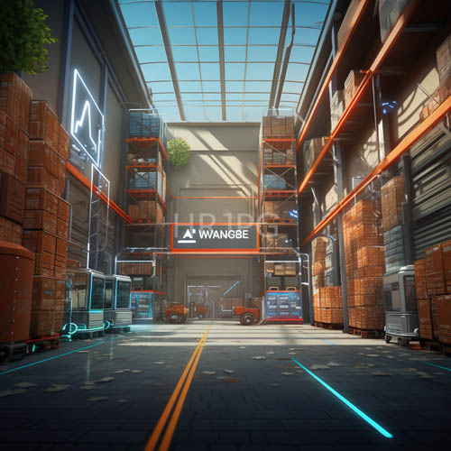industrial warehouse immersed in neon light amidst endless cardboard rows