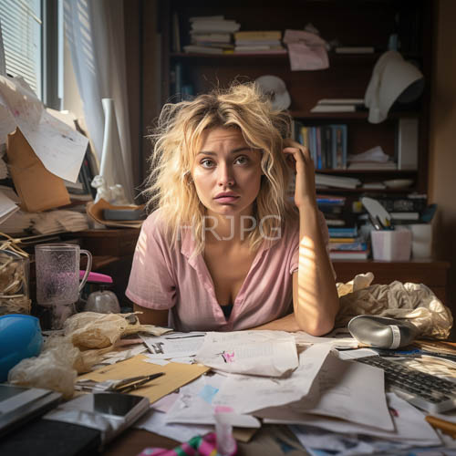 sunlight highlights messy blonde hair strands over cluttered paper piles