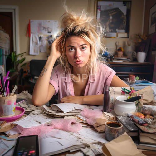 pink cotton shirts stand out against messy artistic workspace clutter