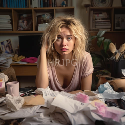 tangled hair strands shadow frazzled faces amidst messy desk clutter