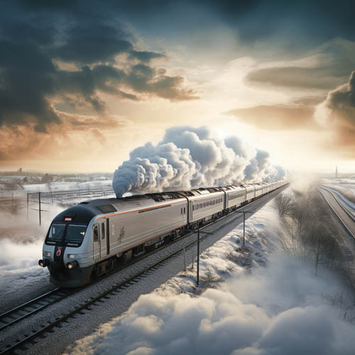 heavy train steel wheels crush snow along tracks under sunset skies