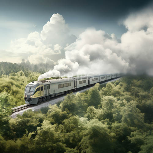 green and yellow train cars wind through dense forested hill slopes