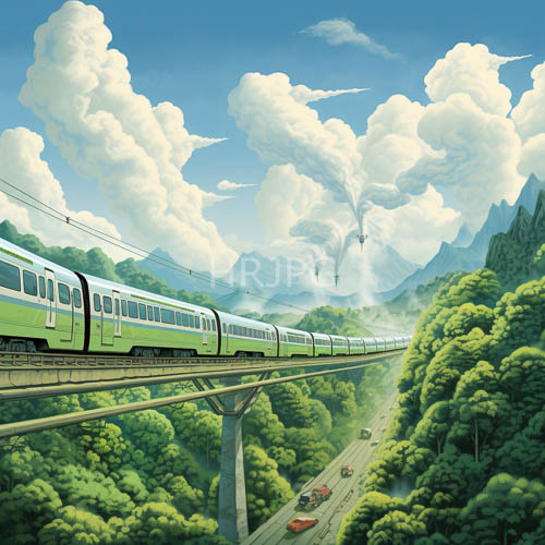 steel rail tracks weave across forested mountain ranges under blue skies