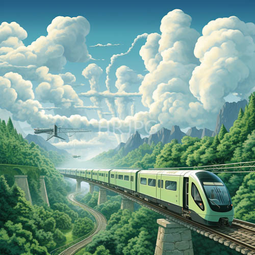 suspended railway bridges connect elevated green trains between forested peaks